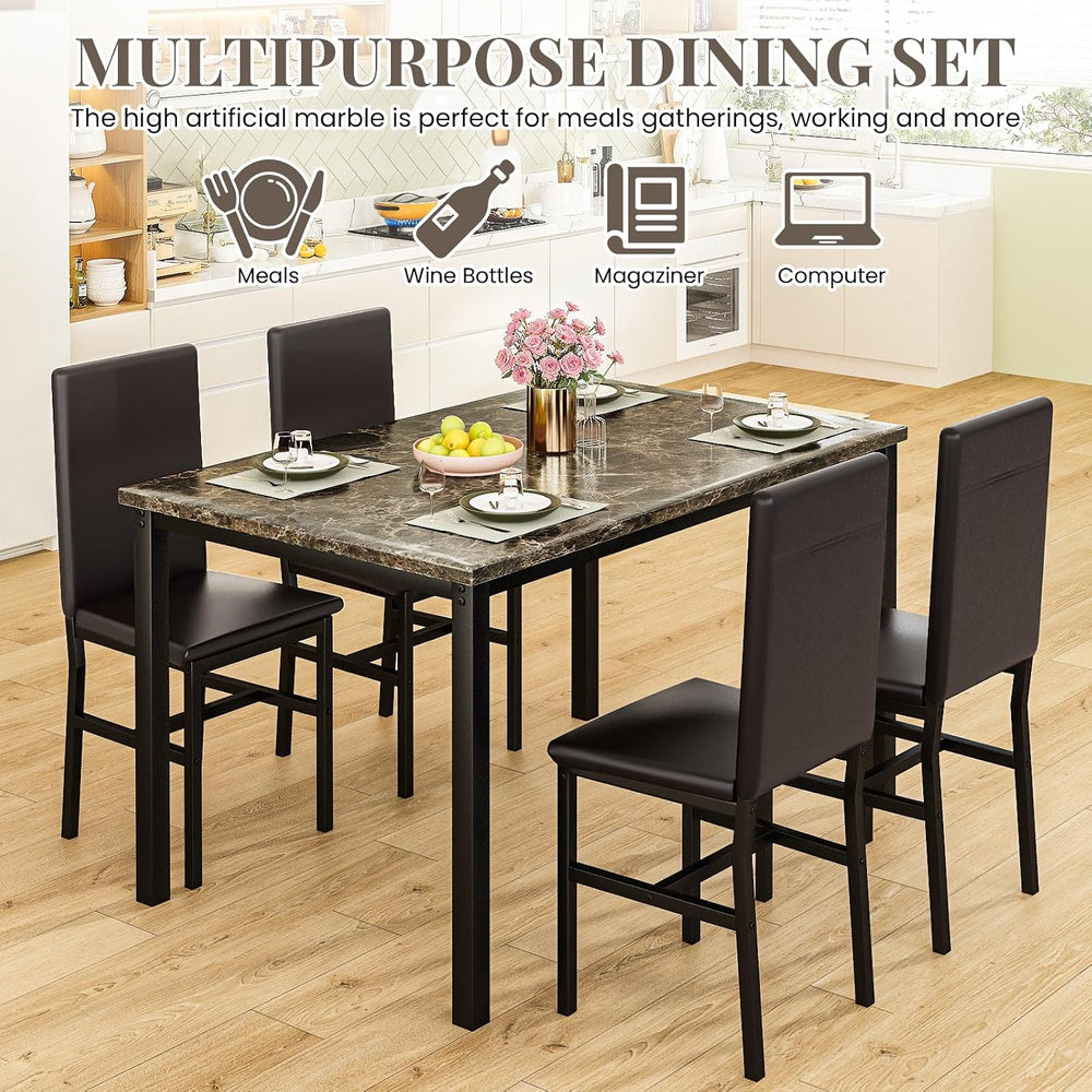 Lamerge Dining Table Set for 4, Faux Marble Table and 4 PU Leather Chairs, Ki...