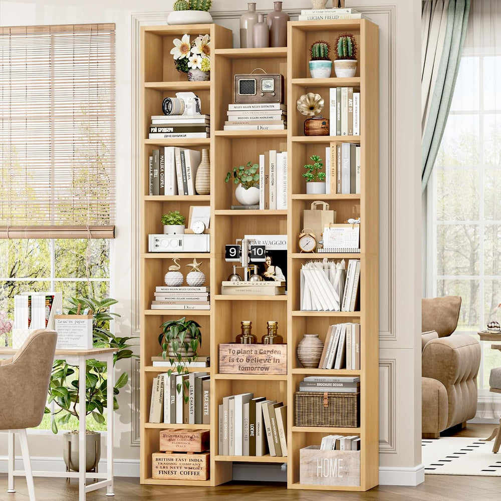 FOTOSOK 71'' H Bookshelf with 21 Cubes, Triple Wide Tall Bookshelf Na...