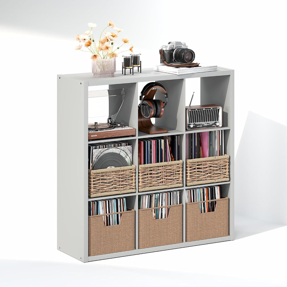 Furinno Cubicle Record Player Stand, 9-Cube Record Storage, Light Grey