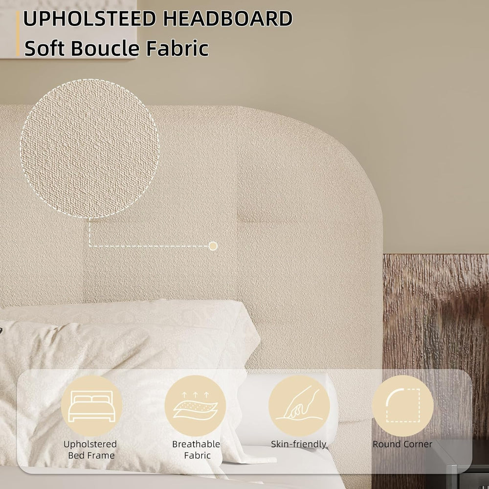 BarnFurin Full Bed Frame with Soft Curved Boucle Headboard, Cream