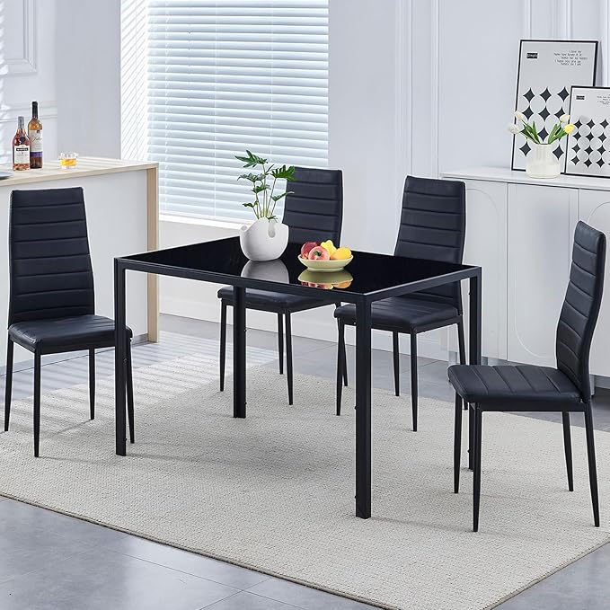 Black PU Dining Chairs Set of 4, Modern Kitchen & Dining Room Chairs Faux...