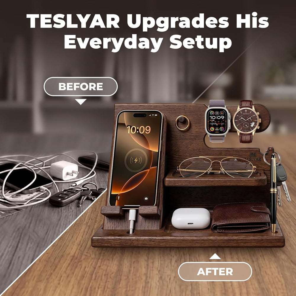 TESLYAR Wood Phone Docking Station for Men - Desk or Nightstand Organizer - B...