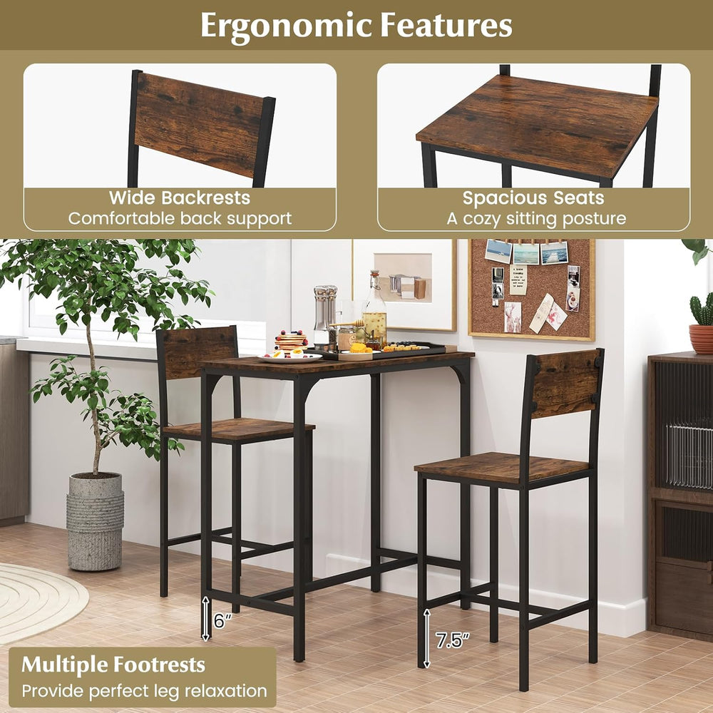 GOFLAME 3-Piece Bar Table Set, Counter Height Pub Table & 2 Barstools wit...
