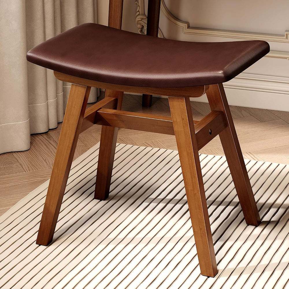 Solid Rubberwood Vanity Stool with Ergonomic Curved Seat, Vanity Bench | Upho...