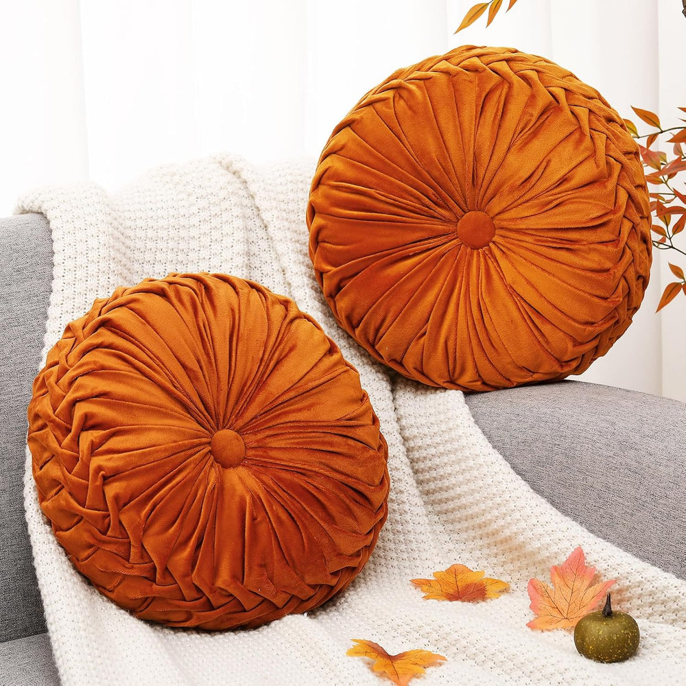 Beeveer 2 Pcs Round Throw Pillows Velvet Pleated Pillows, Orange