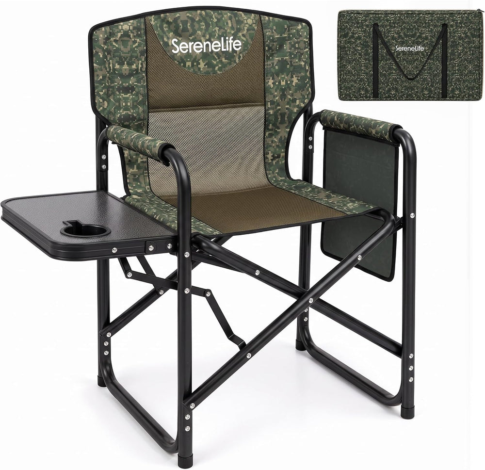 SereneLife Portable Director Chair, Folding Camping Chair with Side Table, Cu...