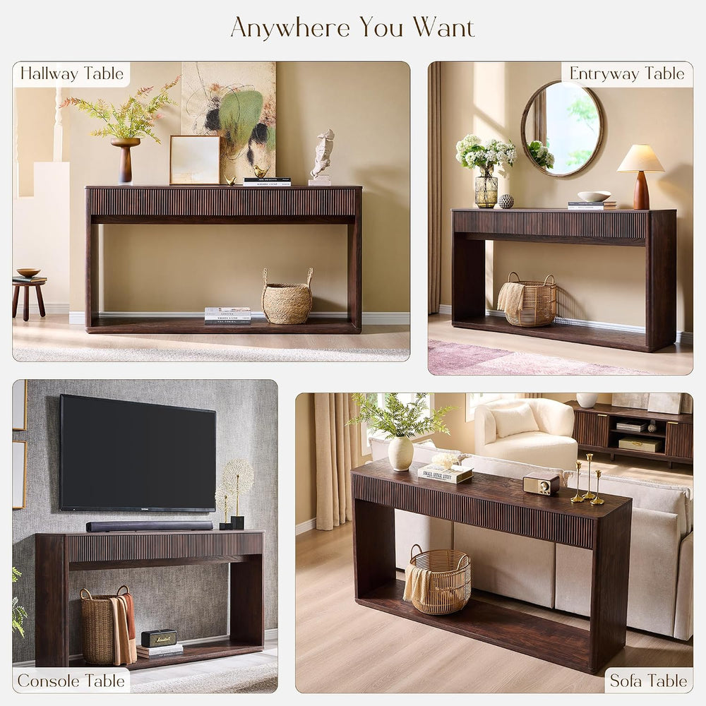 OKD 63" Fluted Console Table for Entryway with 2 Large Drawers, Dark Wal...
