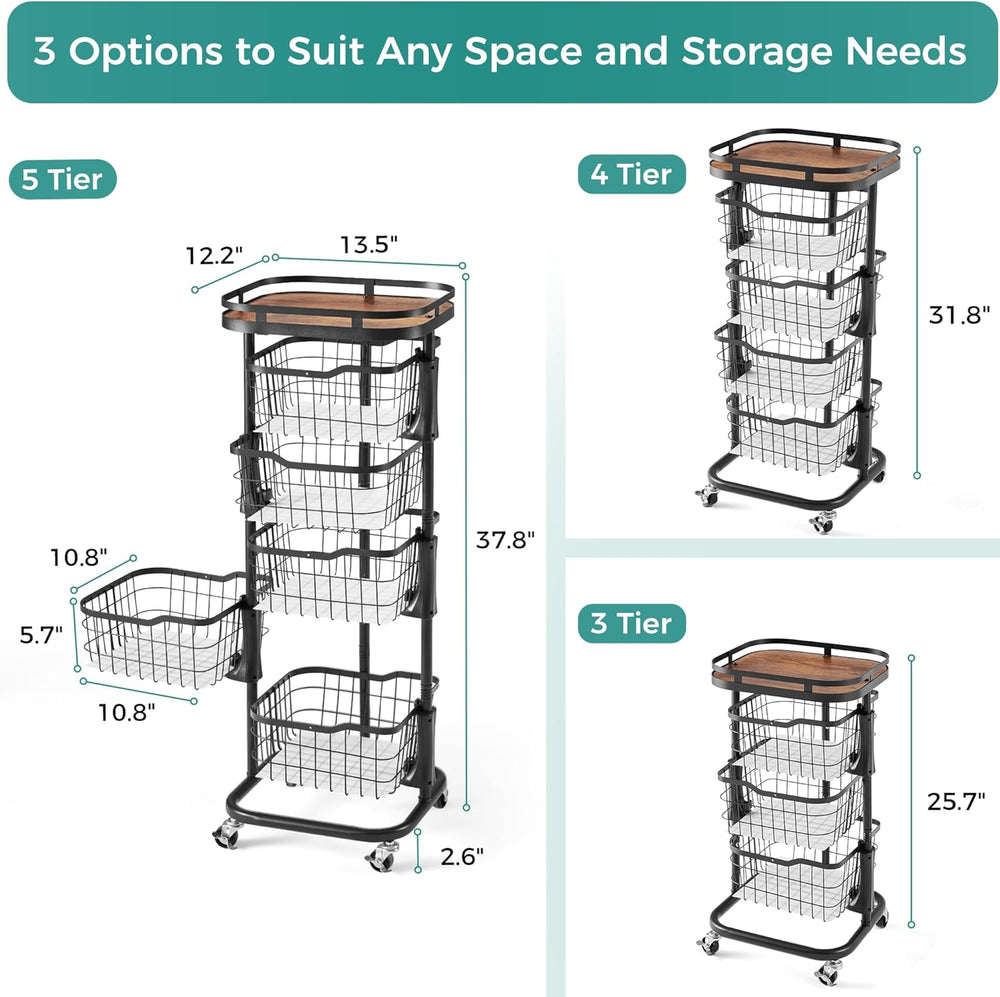 5 Tier Kitchen Fruit Vegetable Storage Cart with One-Piece Rotating Basket, P...