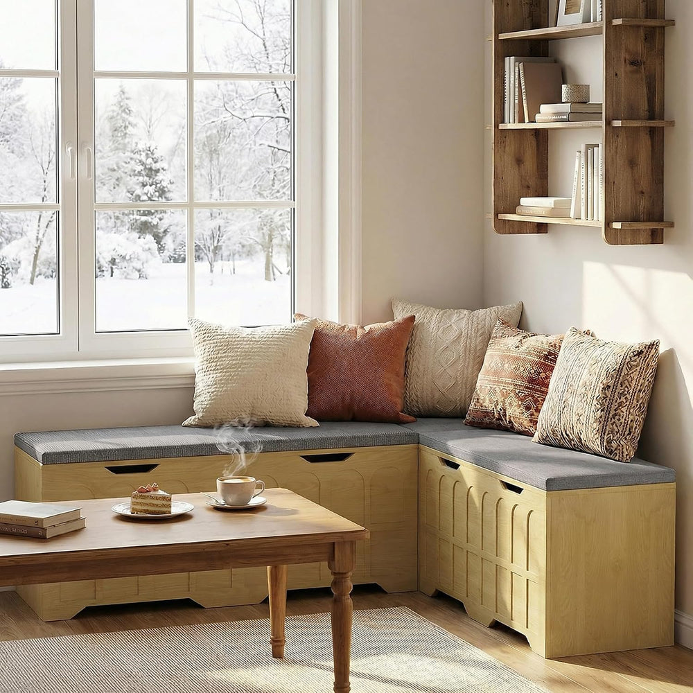 Zevemomo 63" L Shaped Storage Bench with Cushion, Kitchen Breakfast Nook...