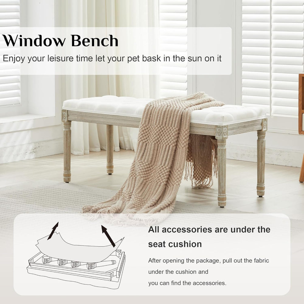 LOULENS 43.9" Linen Fabric End of Bed Bench, Vintage French Upholstered ...