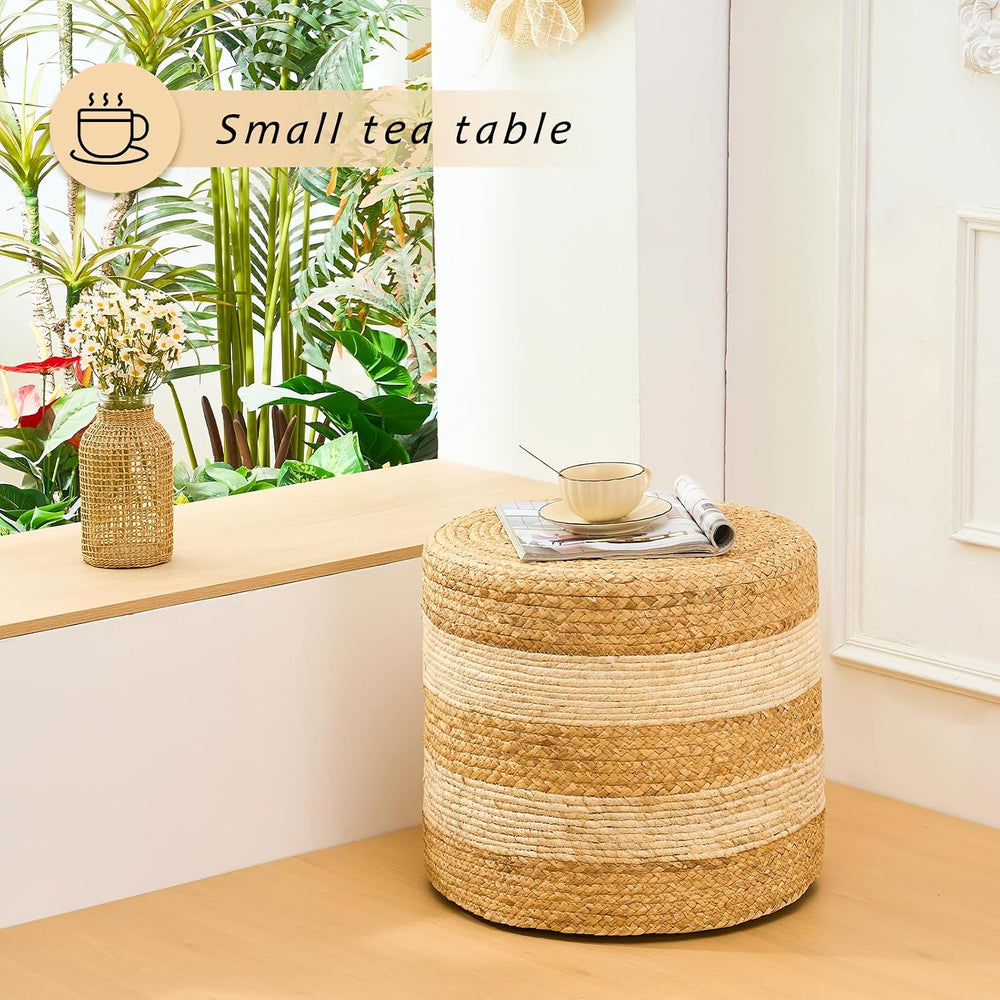 Handwoven Ottoman Pouf, Natural Water Hyacinth Footstool, Round Braided Outdo...