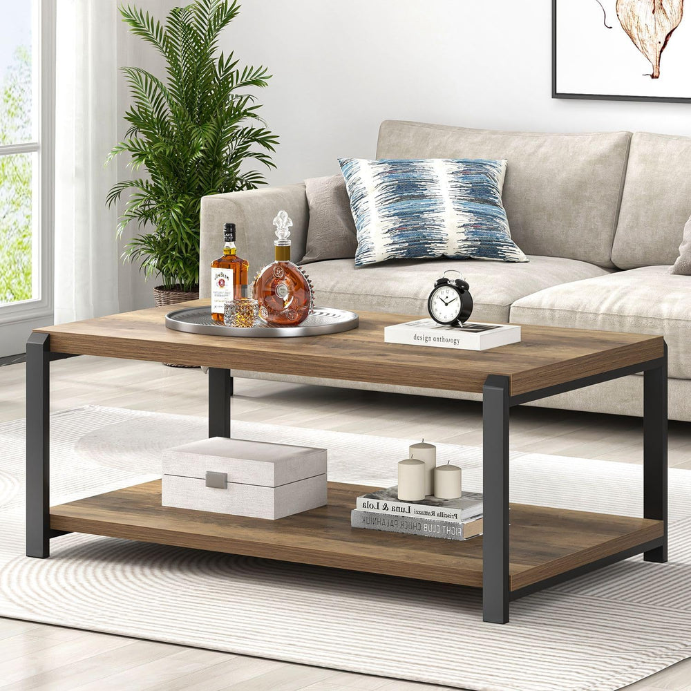 EXCEFUR Modern Coffee Table, Rustic Wood and Metal Center Table for Living Ro...