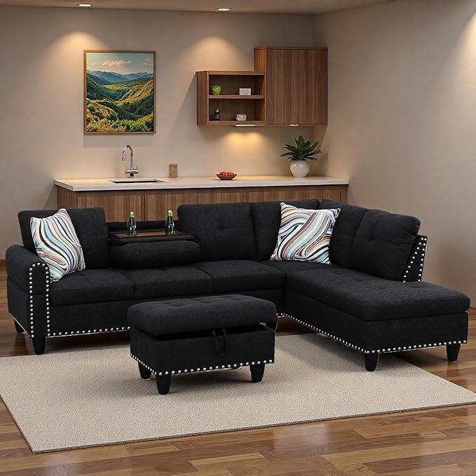 Sectional Couches for Living Room with Movable Chaise & Storage Ottoman -...