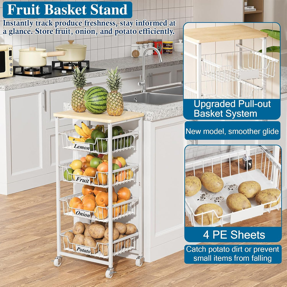 OKZEST 5-Tier Kitchen Storage Cart with 4 Upgraded Drawer Basket & Wood T...