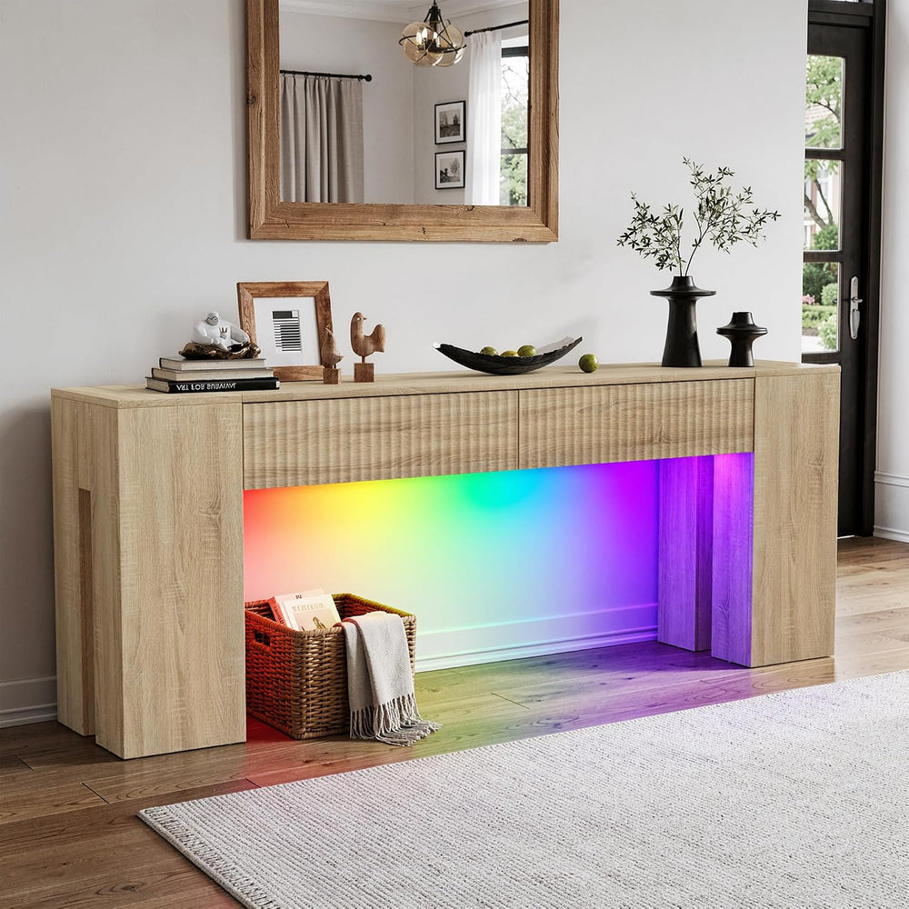 PAKASEPT 82.6 Inch Console Table with RGB LED Lights, Fluted Wood Entryway Ta...