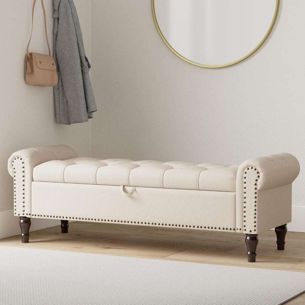 Cozyman Storage Bench Ottoman, 61" Long King Linen Rolled Arm Bedroom En...