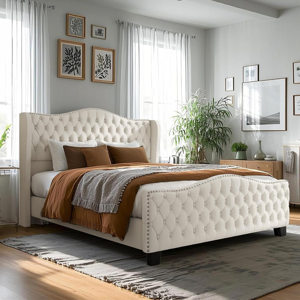 King Size Bed Frame with Tall 51.2" Wingback Headboard, Luxury Platform ...