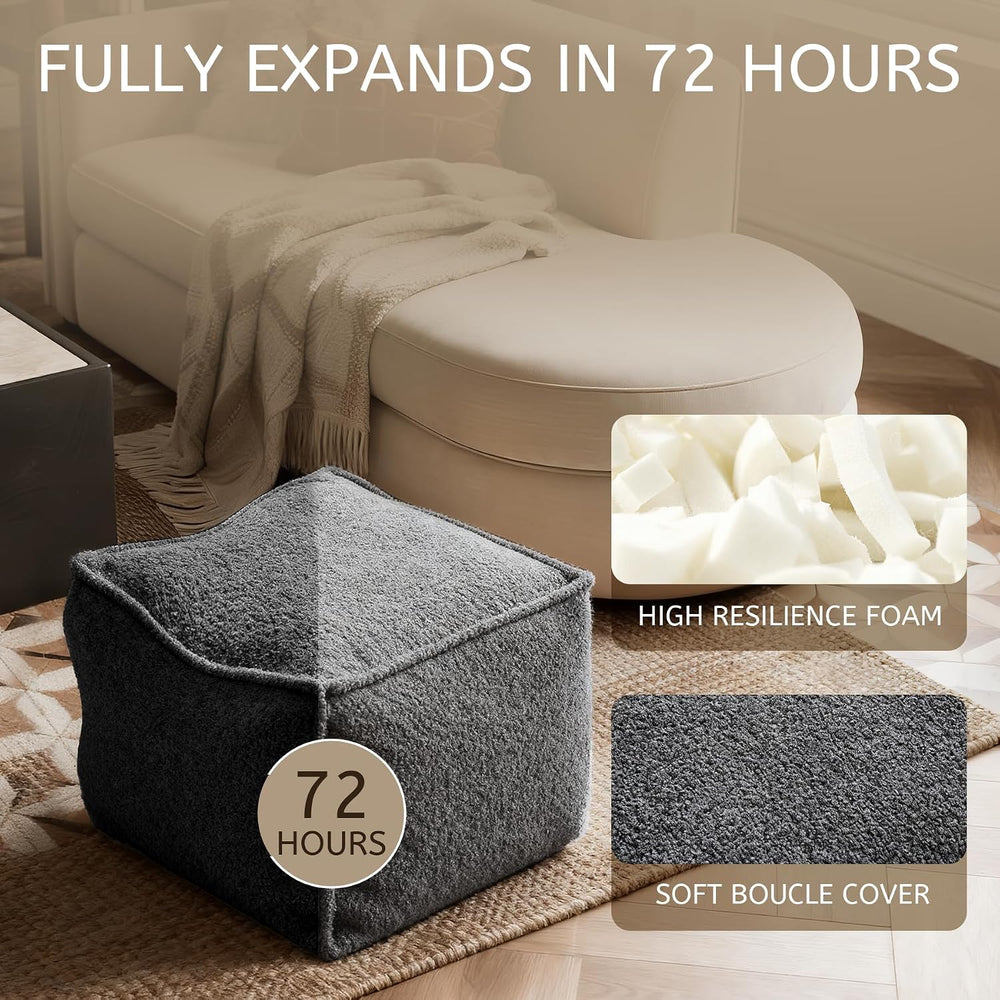 Square Boucle Pouf Ottoman Footrest, Soft & Lightweight Footstool with Fo...