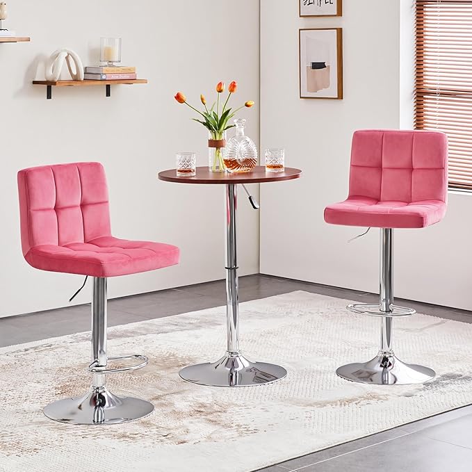 Yaheetech Pink Bar Stools Set of 2, Adjustable Velvet Barstools, Modern Count...
