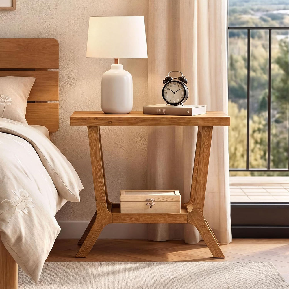 Solid Wood End Table, Small Wooden Side Table with 2-Tier Storage, Narrow Rus...