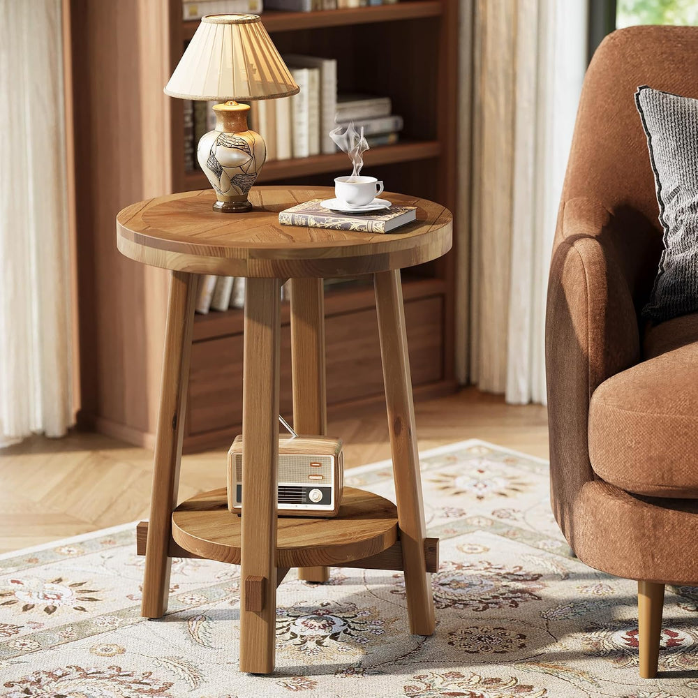 Solid Wood Side Table for Living Room, Small Round End Table with 2-Tier Stor...