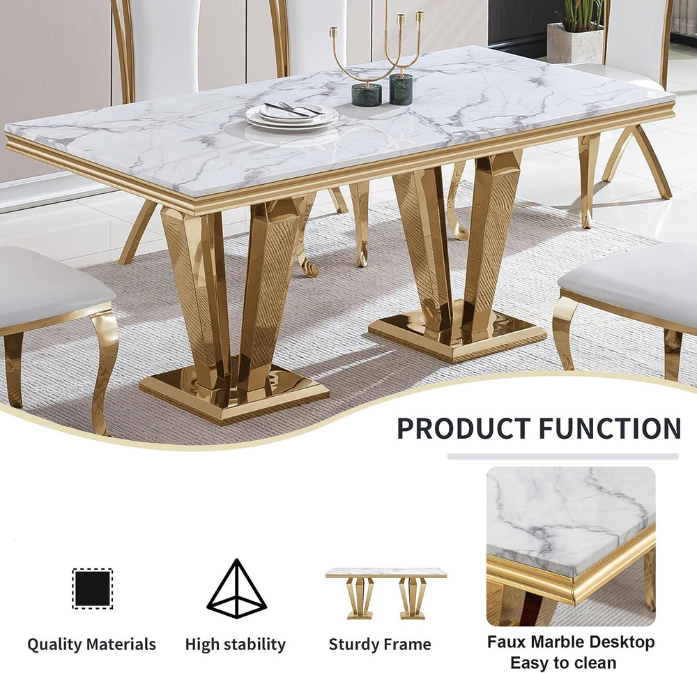 7 Piece Marble Dining Table Set for 6, Luxury Gold Kitchen Table and Chairs S...