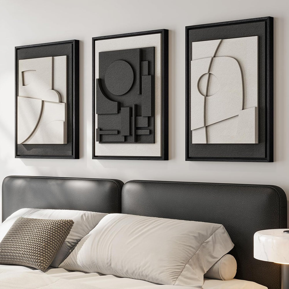 3D Textured Framed Black and White Abstract Wall Art Set of 3, 16x24 In
