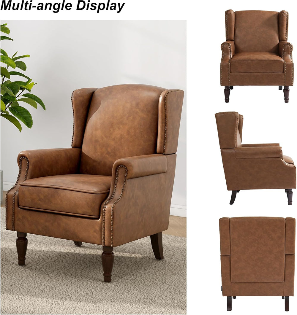 PU Leather High Back Accent Chair, Upholstered Armchair with Solid Wood Legs,...