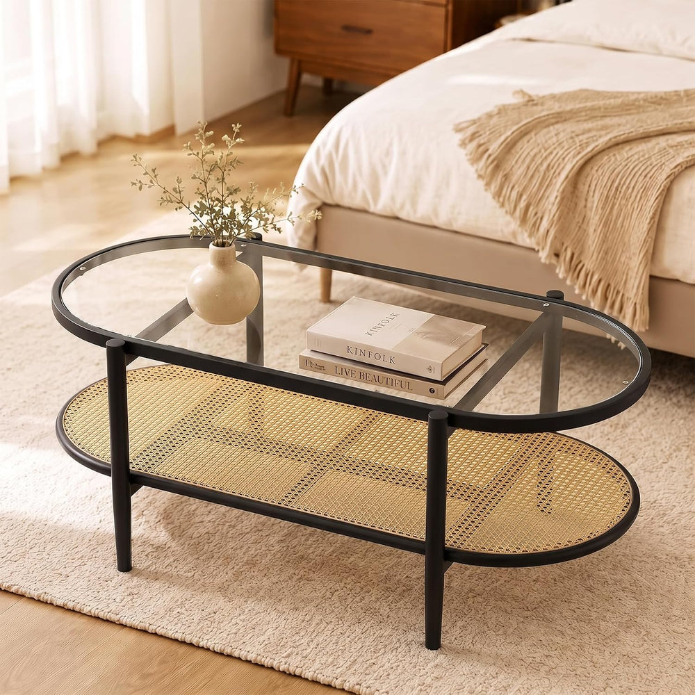Boho Oval Coffee Table with Storage Shelf, 2-Tier Tempered Glass
