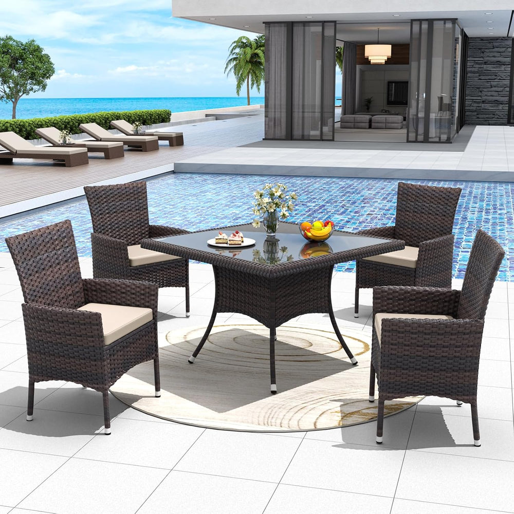 ALAULM 5 Piece Patio Dining Set All-Weather Wicker Outdoor Furniture Set w/Te...