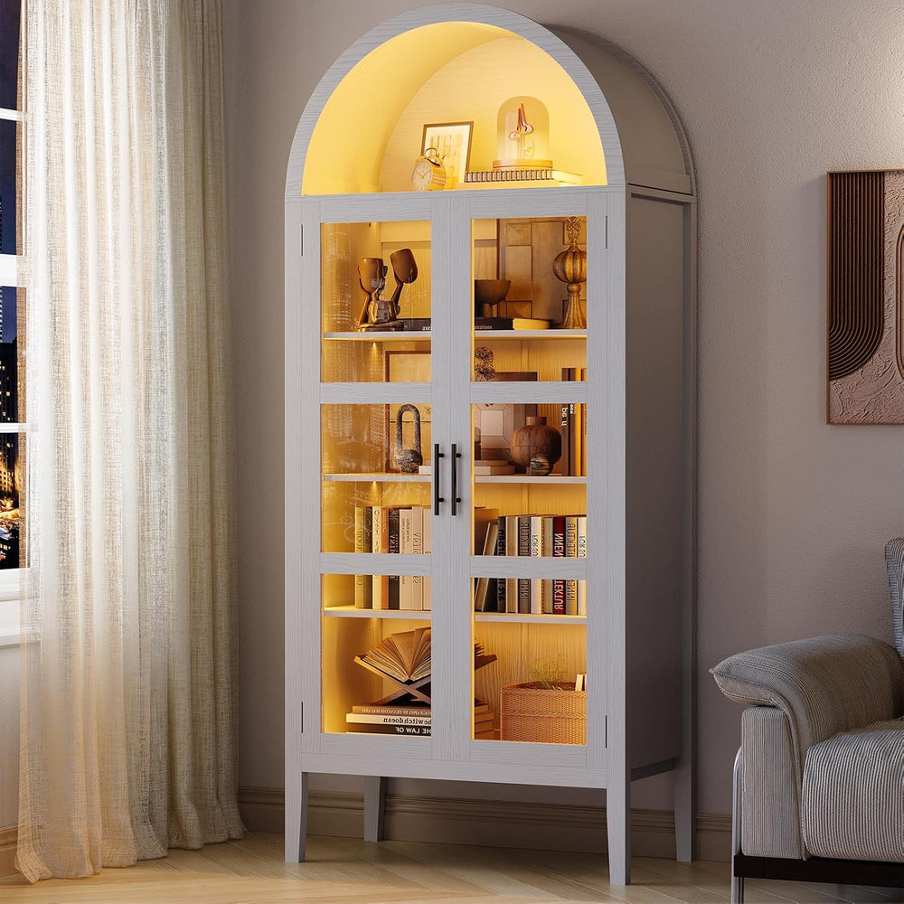 70" Tall Arched Pantry Cabinet with Tempered Glass Doors and LED Lightin...