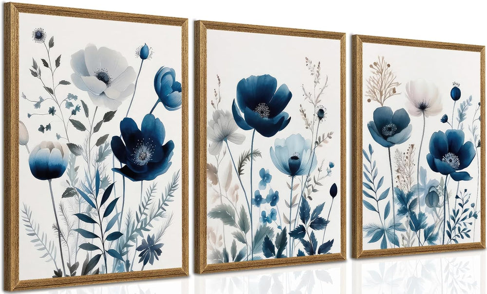 DUWQU Triptych Navy Blue Watercolor Botanical Floral Wall Art 12x16 in x3