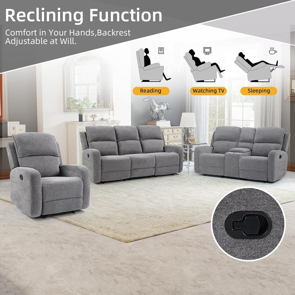 EBELLO Manual Living Room Furniture Reclining Couch Set, Fabric Recliner Chai...