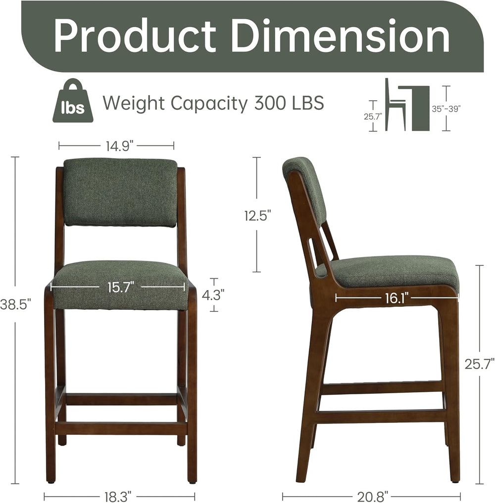 VKNOW 25.7" Counter Height Bar Stools Set of 4 with Rubberwood Legs, Green