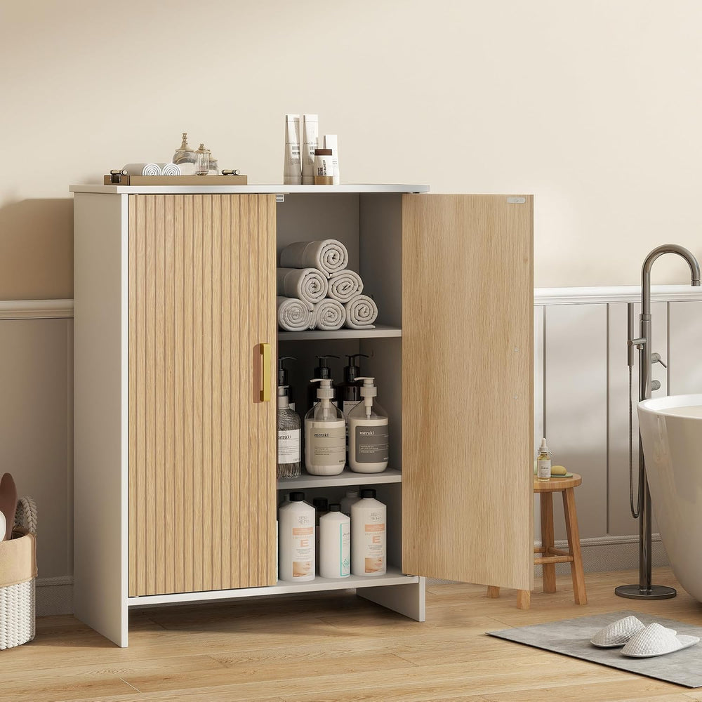 Bathroom Storage Cabinet, Floor Cabinet with 2 Fluted Doors and 2 Adjustable ...