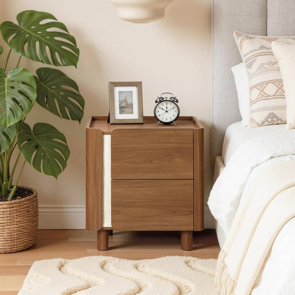 LuxenHome 21.6" Brown Nightstand with 2 Drawers, Mid Century Modern Nigh...