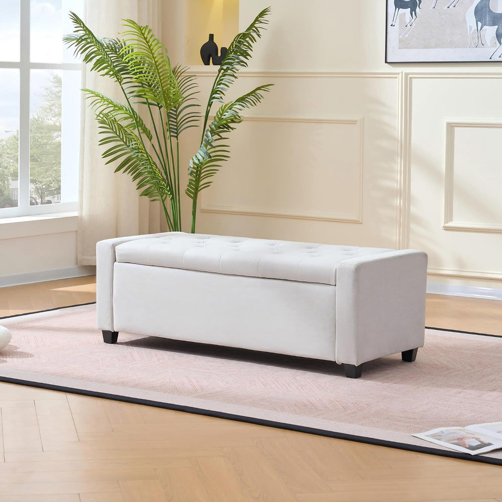 48" Storage Bedroom Bench for End of Bed, Faux Linen Upholstered Storage...