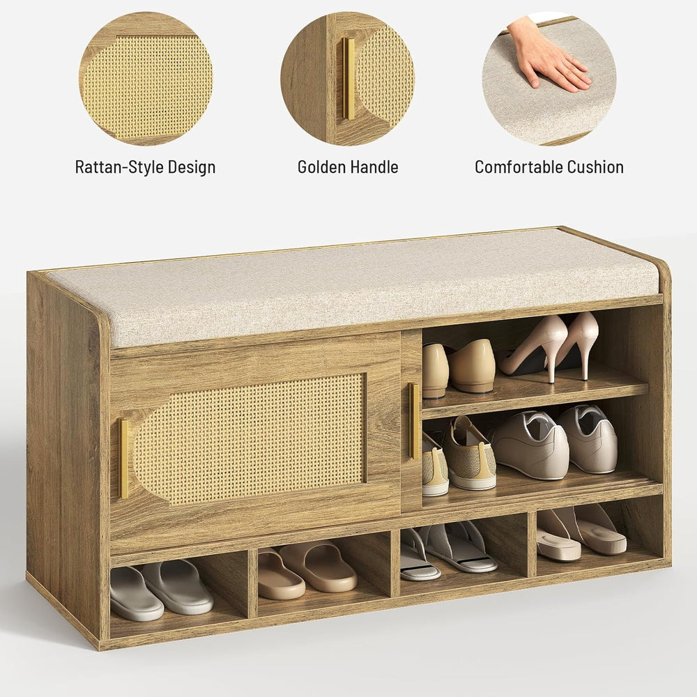 Shoe Storage Bench, 39.4" Entryway Bench with Linen Seat Cushion, 3-Tier...