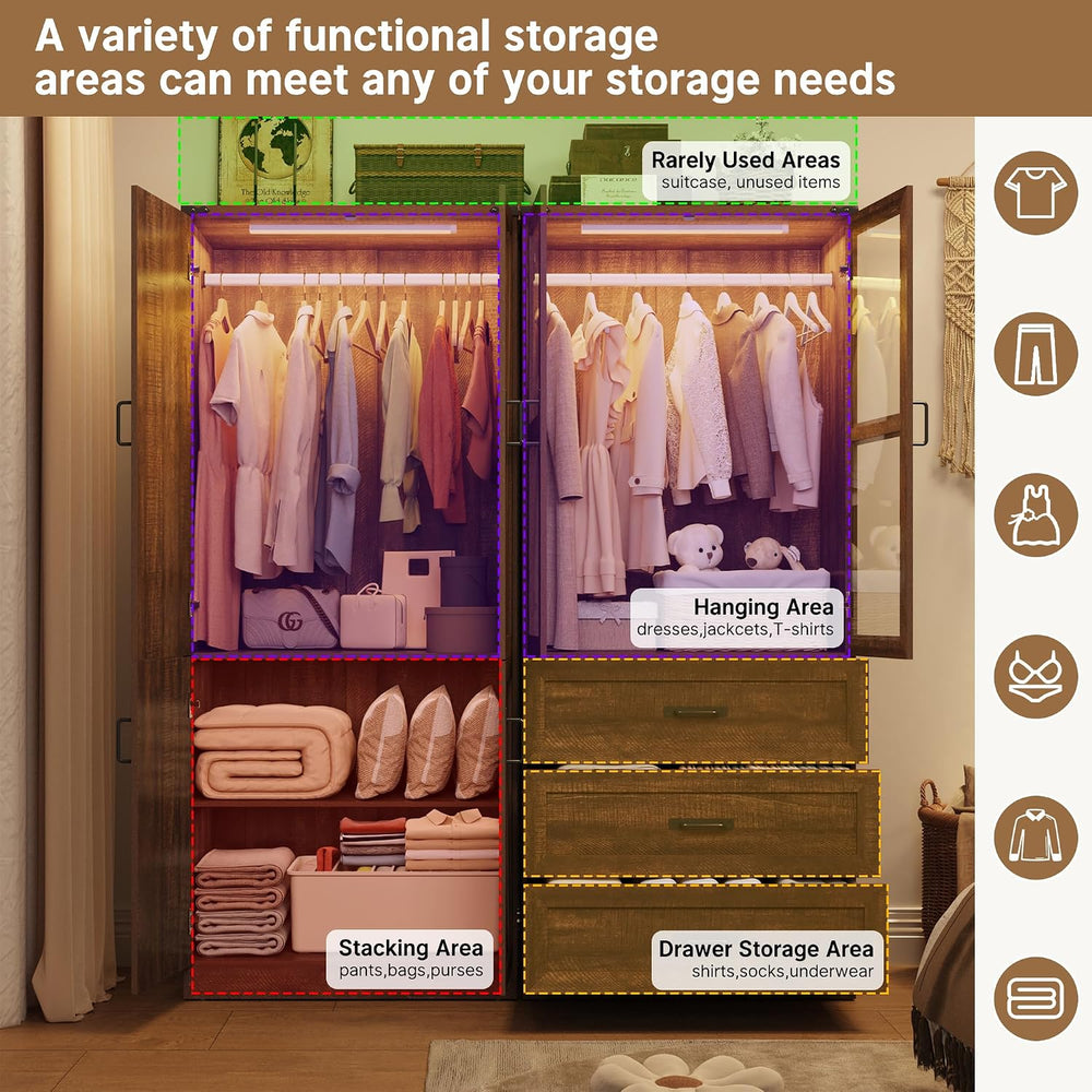 75" Tall Farmhouse 4 Doors Armoire Wardrobe Closet with 3 Drawers and LE...