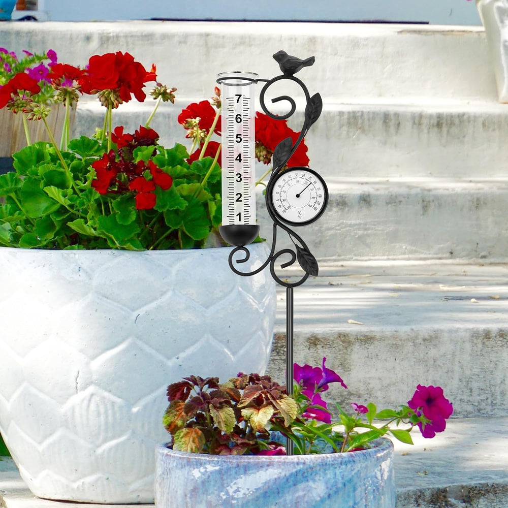 36in Black Bird Rain Gauge Thermometer Metal Garden Stake Decor