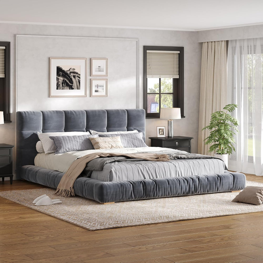 Queen Upholstered Velvet Platform Bed Frame with Tufted Headboard,Gray#03