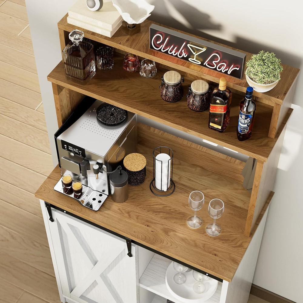 BestHaped Farmhouse Coffee Station with 3 Tier Storage Hutch & 6 Hooks - ...