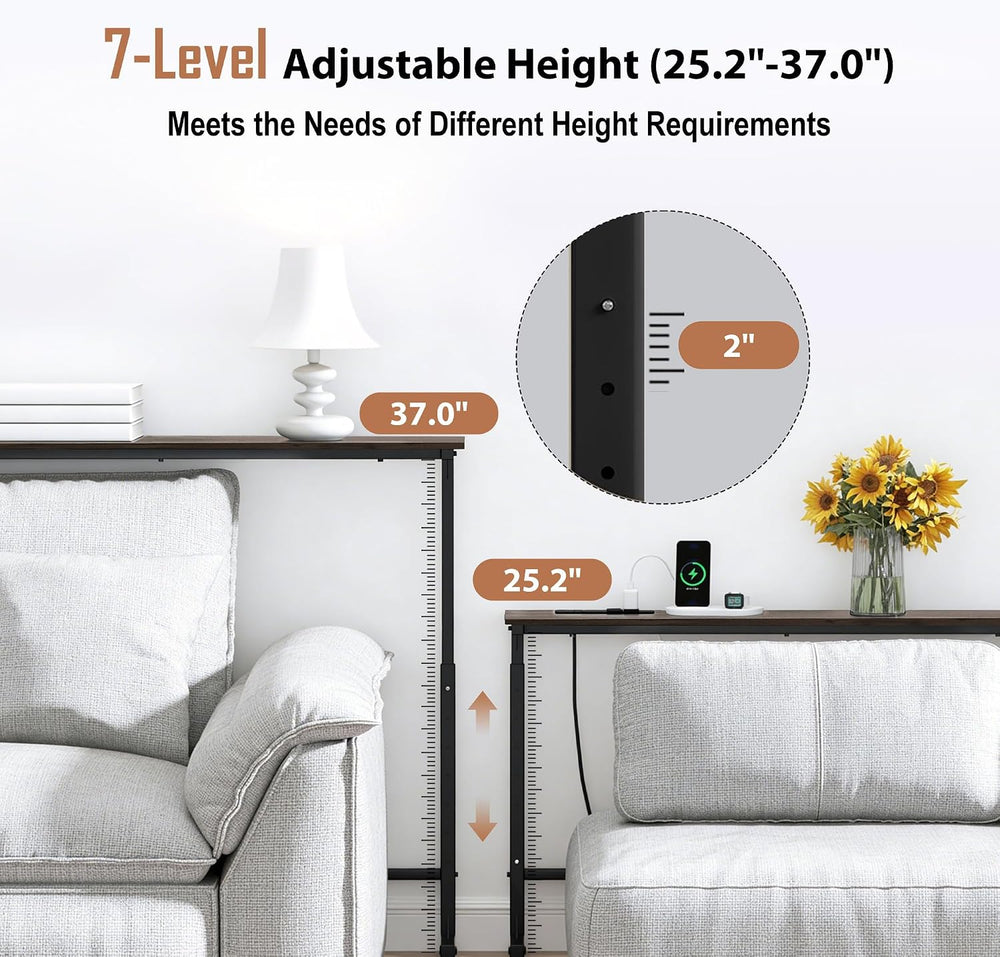 Adjustable Height Narrow Sofa Table with Built-in Power Outlets, 70" Lon...