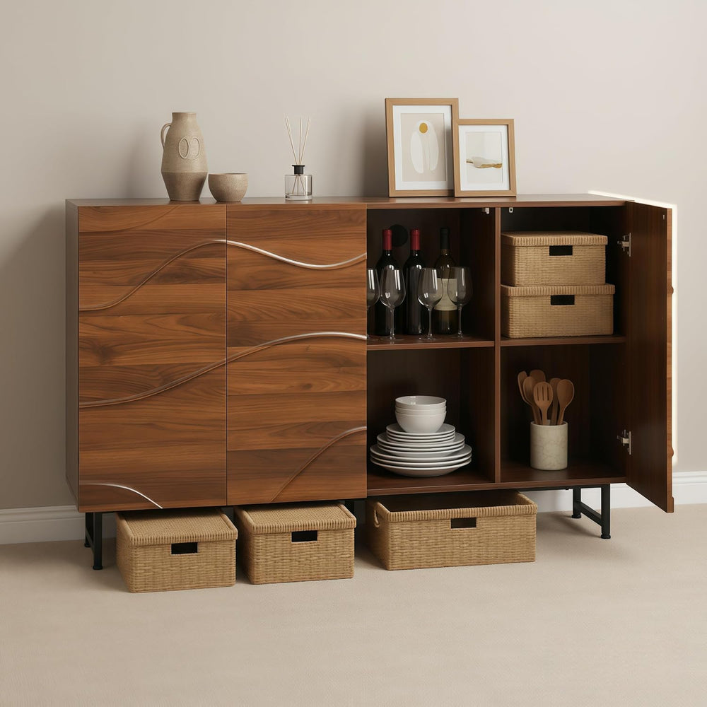 Modern Sideboard with Wave Relief Design, 59 Inch Solid Wood Storage Cabinet ...