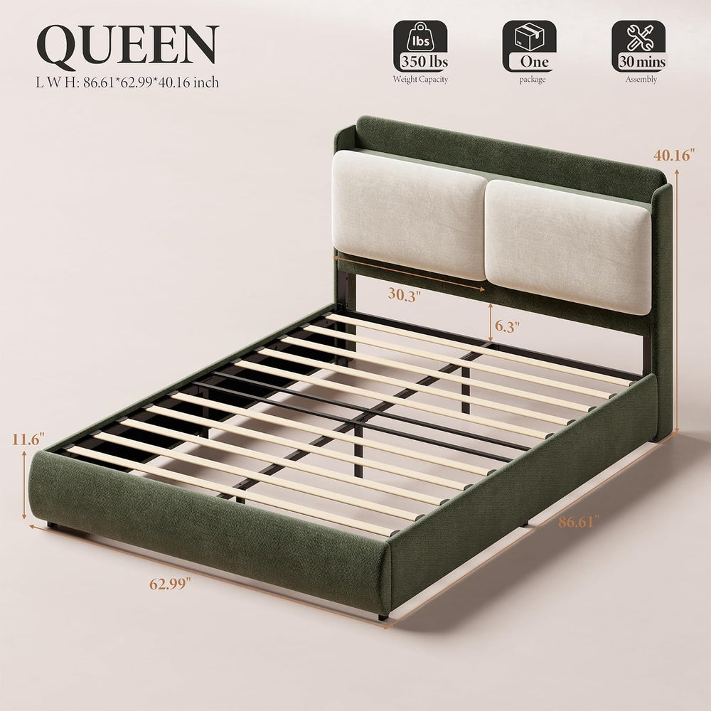 Garvee Queen Upholstered Bed Frame with Shelf & Drawers - Green & Beige