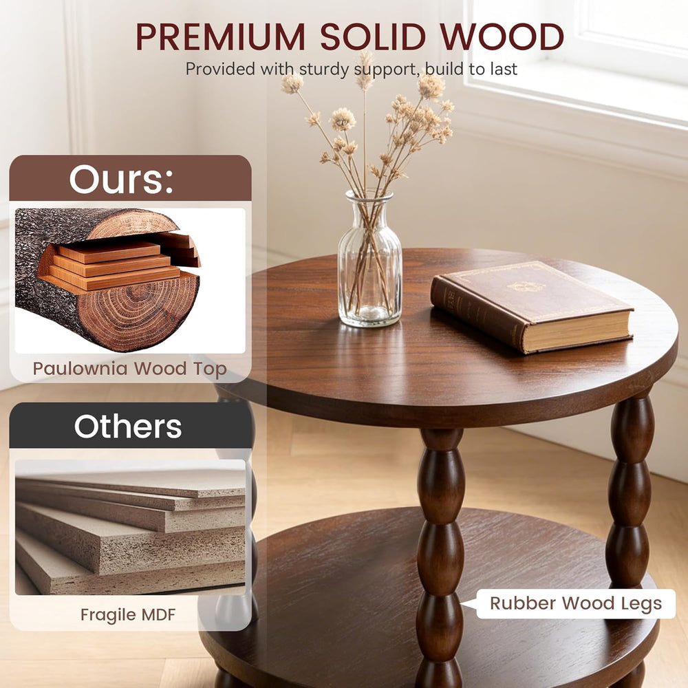 Small Round Side Table, 3-Tier Solid Wood End Table with Storage Shelf, Moder...