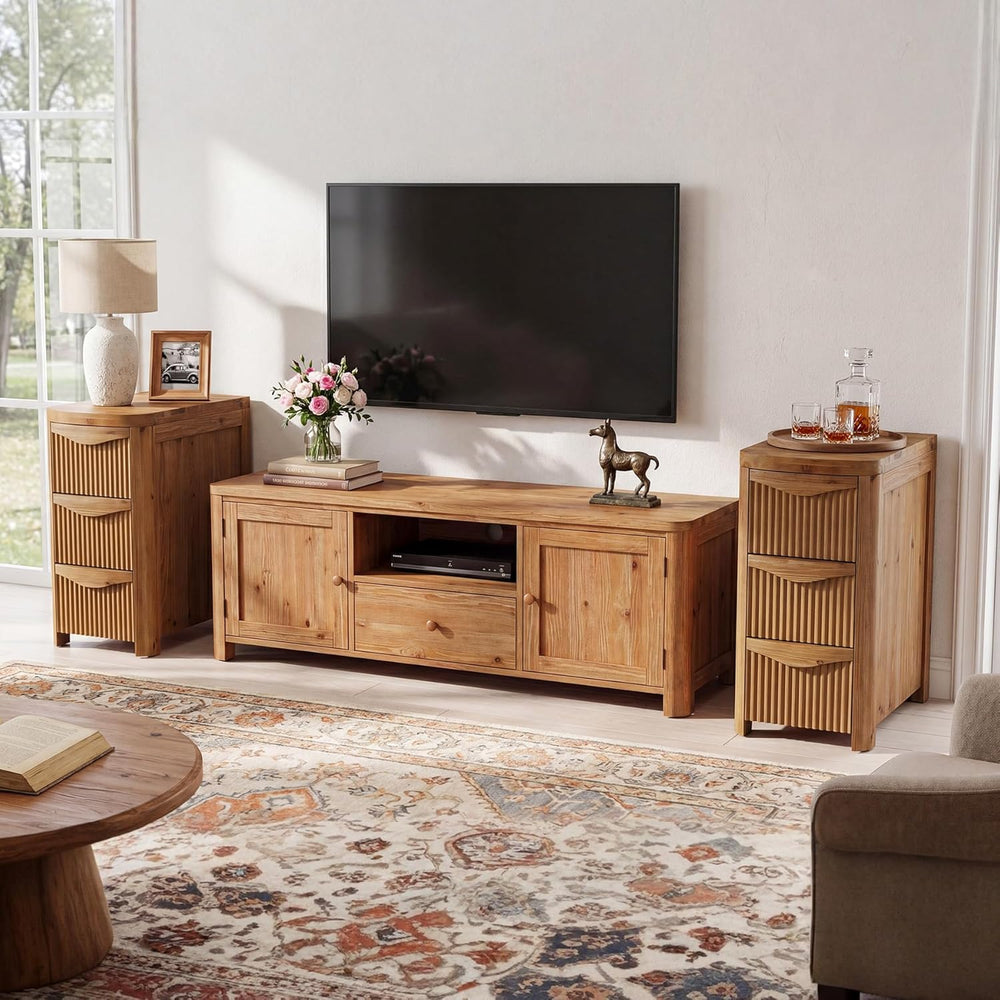 Solid Wood End Table with 3 Drawers, 24" Farmhouse Fluted Narrow Side Ta...