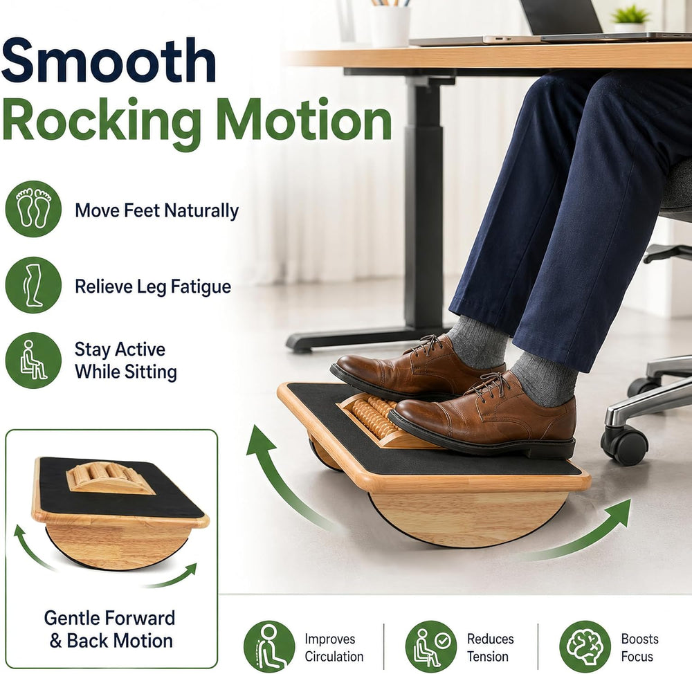 Foldable Under Desk Foot Rest, Wooden Rocking Footrest with 4 Massage Rollers...