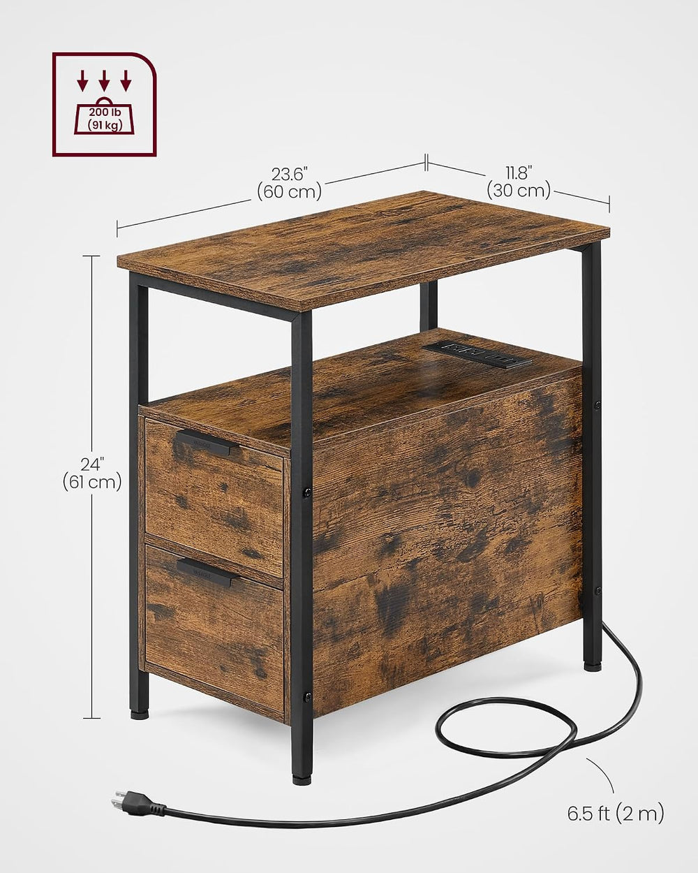 VASAGLE Side End Table with Charging Station, Slim Nightstand with 2 Drawers,...