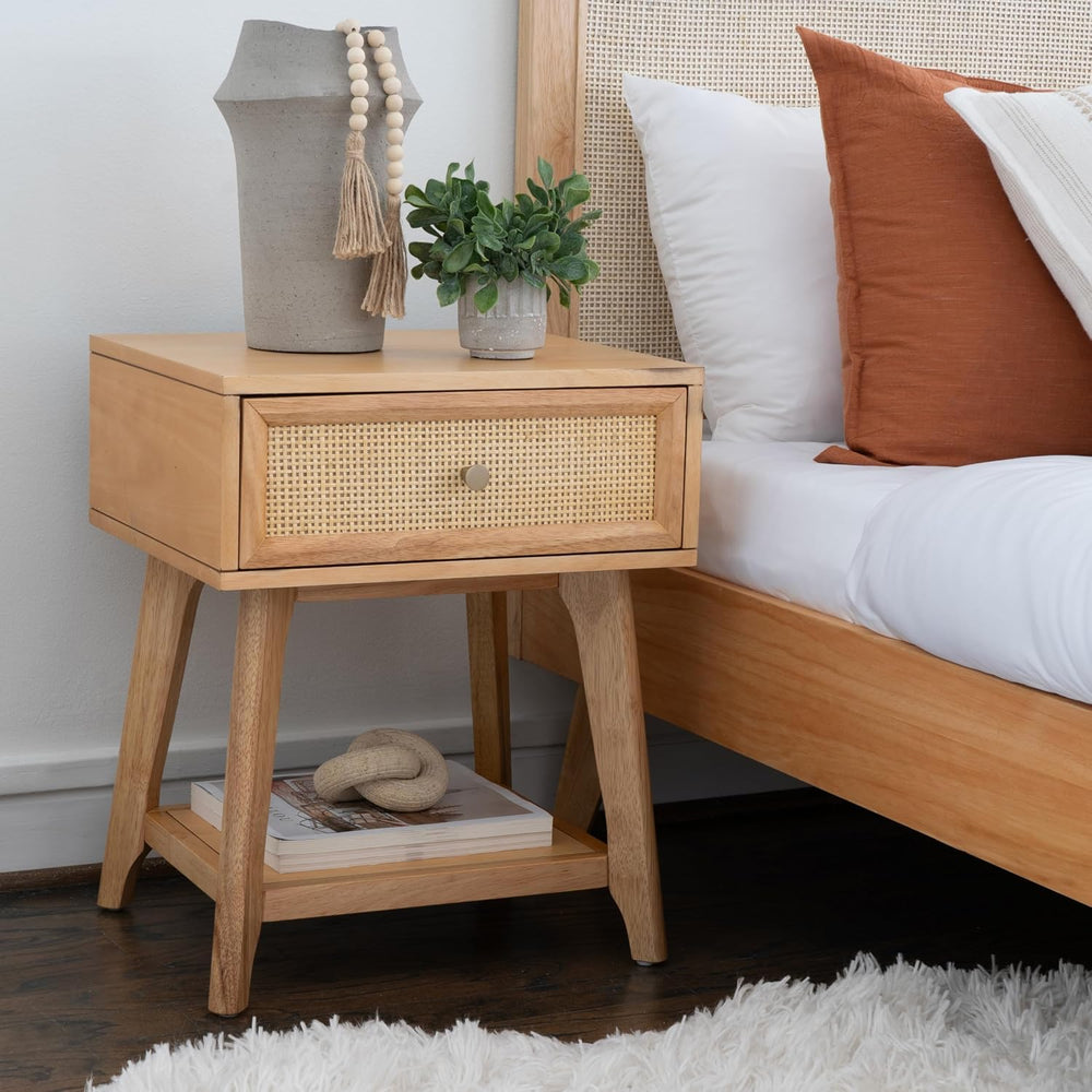 Powell Laurie Natural Wooden Side Accent Table with Cane Drawer Front